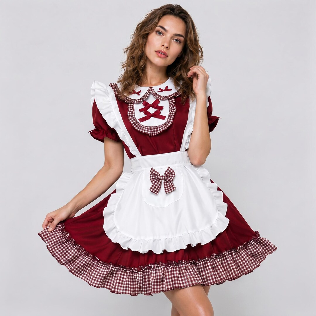 Lolita Maid Costume Dress | Burgundy Apron Outfit | Anime Style Cosplay ...