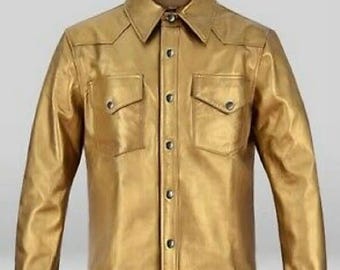 Men’s Gold Leather Shirt – 100% Genuine Lambskin  Stylish Slim Fit Vintage Casual Top