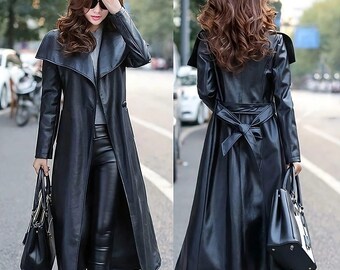 Handmade Lambskin Leather Long Coat Elegant Slim Fit Outerwear