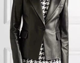 Women’s Black Lambskin Leather Blazer – Slim Fit, Soft & Stylish Jacket