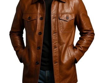 Handmade Brown Genuine Leather Trench Coat, Vintage Western Cowboy Style Leather Overcoat