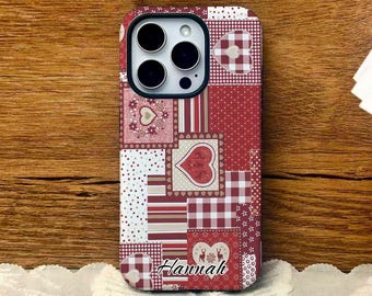 Personalized Red Patchwork Heart Phone Case for iPhone 16 15 14 13 Pro Max, Custom Name Gingham Plaid Cover, Cottagecore Gift for Her