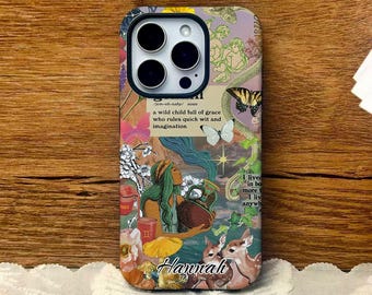 May include: A phone case with a collage design featuring a woman with green hair, butterflies, deer, and text that reads "Hannah" and "a wild child full of grace who rules quick wit and imagination."