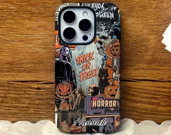 Retro Horror Movie Collage iPhone Case, Spooky Halloween Gift
