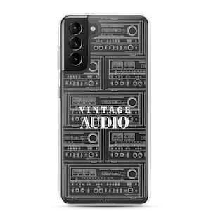 May include: A phone case featuring a repeating pattern of vintage audio equipment in white on a black background. The words "VINTAGE AUDIO" are displayed in white, adding a retro aesthetic to the design.