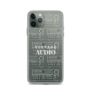 May include: Clear phone case with a repeating pattern of vintage audio equipment schematics in white. The text "VINTAGE AUDIO" is centered on the case in a white, stylized font. The case has a clear border.