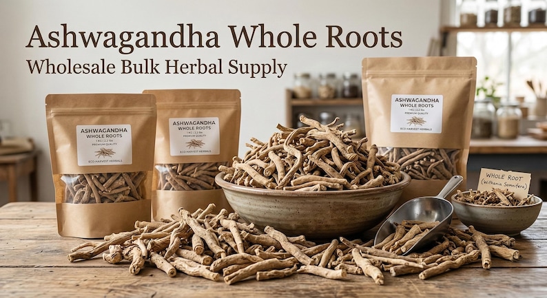 Bulk ashwagandha whole roots with packaging setup – dried ashwagandha roots for herbal supply and export quality
