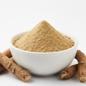 Premium ashwagandha powder in bowl with dried roots – organic ashwagandha root powder for stress relief and energy