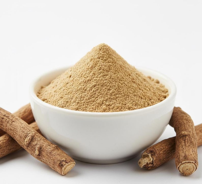 Premium ashwagandha powder in bowl with dried roots – organic ashwagandha root powder for stress relief and energy