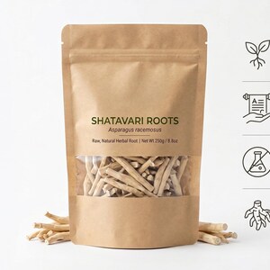 Shatavari roots in kraft pouch with icons – natural source, batch packed and quality checked herbal roots