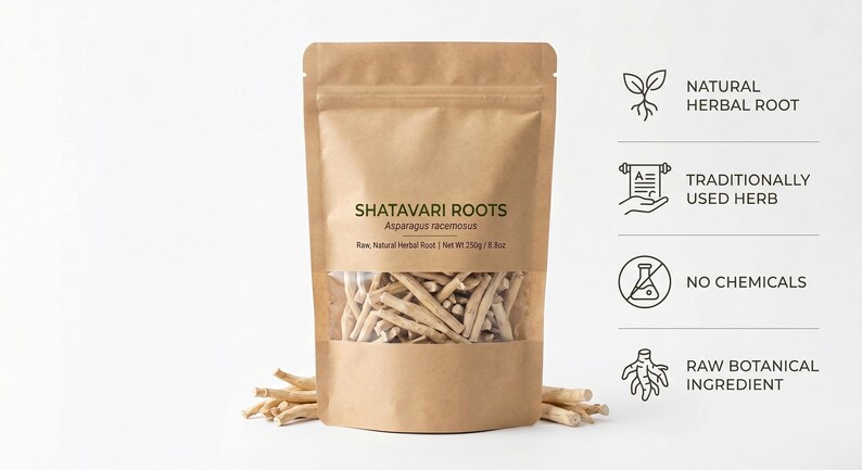 Shatavari roots in kraft pouch with icons – natural source, batch packed and quality checked herbal roots