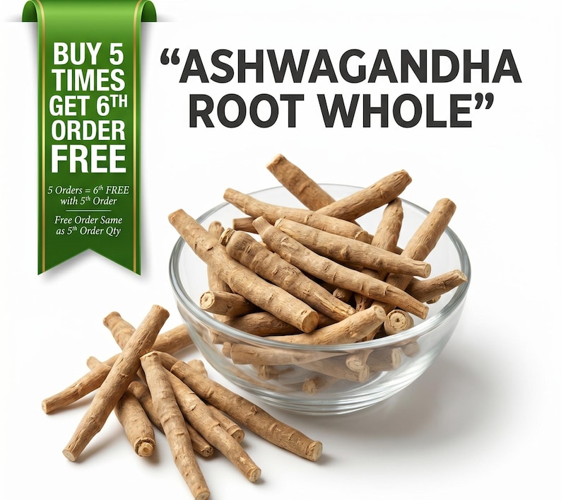 Ashwagandha Root Whole in glass bowl with dried roots, natural ayurvedic herb for traditional wellness use
