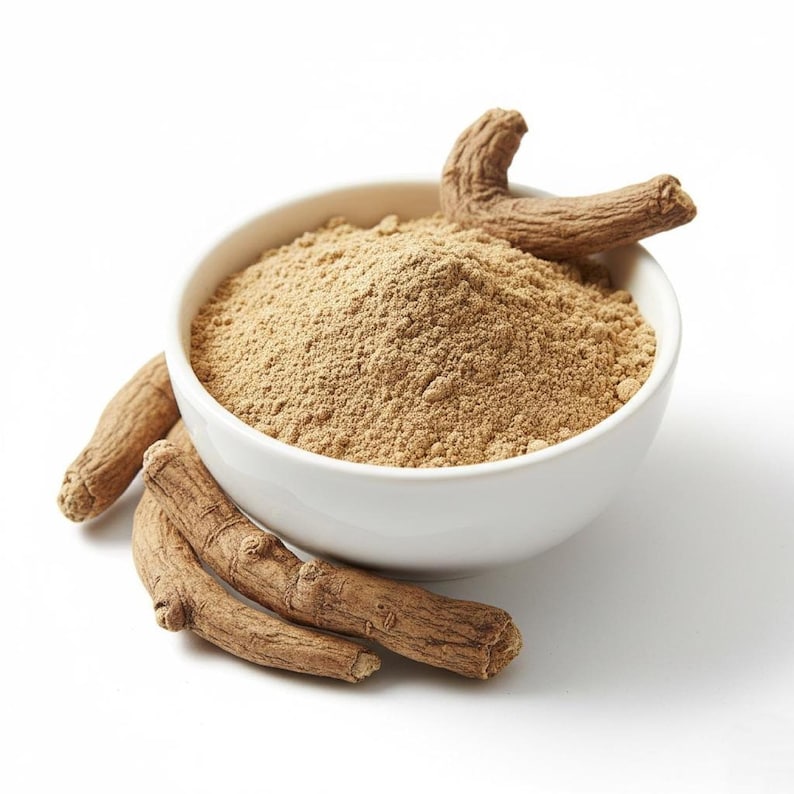 Premium ashwagandha powder in bowl with roots – organic withania somnifera powder for wellness and strength