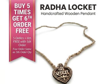 Colar Mala de Madeira Tulsi com Pingente de Radha, Joia Devocional a Krishna, Presente para Meditação