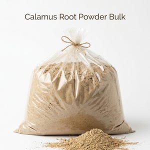 May include: A large clear plastic bag filled with light brown powder, tied with twine. The text "Calamus Root Powder Bulk" is at the top. A small pile of the powder is at the bottom.