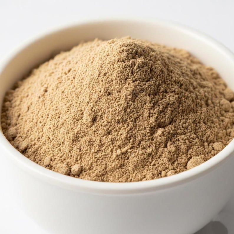 Natural ashwagandha powder heap close-up – pure herbal root powder for energy and immunity support