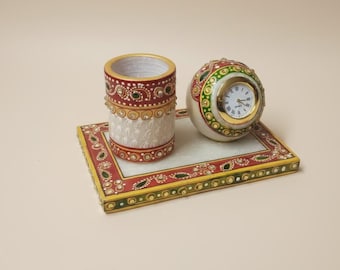 Marble Desk Clock Pen Stand Set, Hand Painted Stone Office Decor
