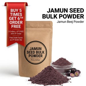 May include: A brown paper bag of Jamun Seed Bulk Powder with a pile of the powder in front. A small glass bowl of the powder and a few Jamun fruits are also visible. Text on the bag reads "Jamun Seed Bulk Powder" and "Pure Herbal".