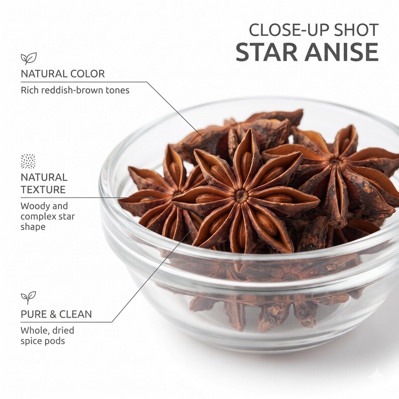May include: A clear glass bowl filled with whole, dried star anise spice pods. The text reads: CLOSE-UP SHOT STAR ANISE, NATURAL COLOR Rich reddish-brown tones, NATURAL TEXTURE Woody and complex star shape, PURE & CLEAN Whole, dried spice pods.