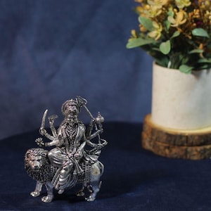 Goddess Durga Statue on Lion, Hindu Devi Idol, Warrior Goddess Sculpture, Indian, Puja Gift