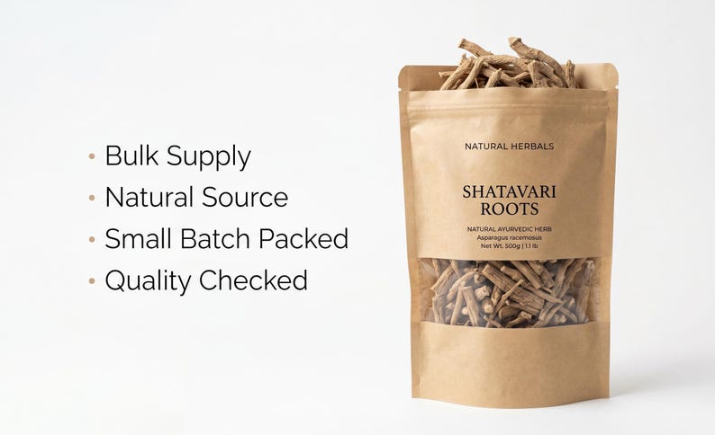 Shatavari roots bulk packaging pouch – premium asparagus racemosus roots for wholesale and ayurvedic use