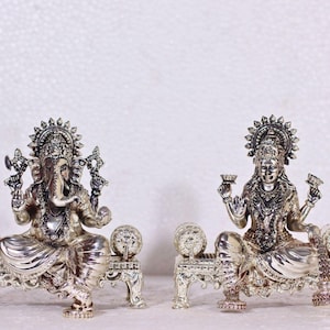 Silver-Plated Lakshmi Ganesha Brass Idol Set: Hindu Temple Decor