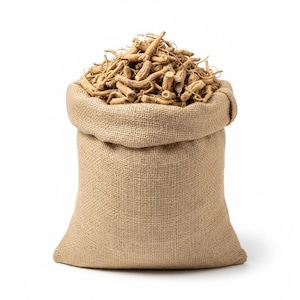 Ashwagandha whole roots in white sack bag – bulk herbal roots for wholesale and export use