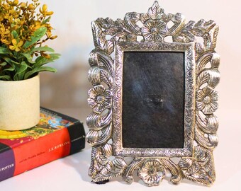 Marco de fotos plateado ornamentado, marco de fotos floral, decoración vintage para el hogar, adorno tradicional para mesa, regalo