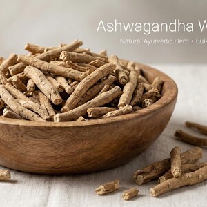 Natural ashwagandha roots in wooden bowl close-up – whole roots for ayurvedic remedies and wellness support