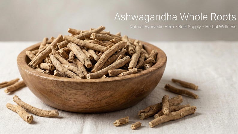 Natural ashwagandha roots in wooden bowl close-up – whole roots for ayurvedic remedies and wellness support