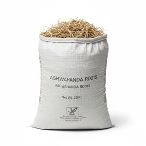 Ashwagandha whole roots in white sack bag – bulk herbal roots for wholesale and export use