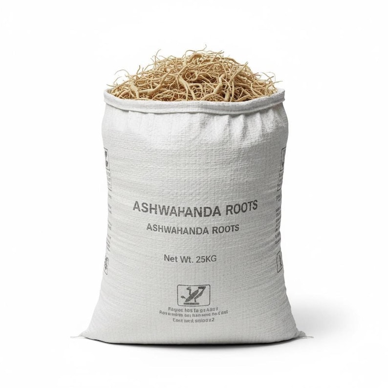 Ashwagandha whole roots in white sack bag – bulk herbal roots for wholesale and export use
