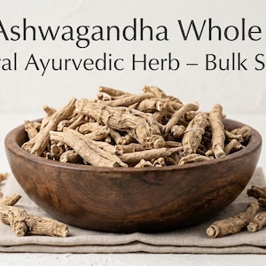 Premium ashwagandha whole roots in wooden bowl – natural withania somnifera roots for ayurvedic use and wellness