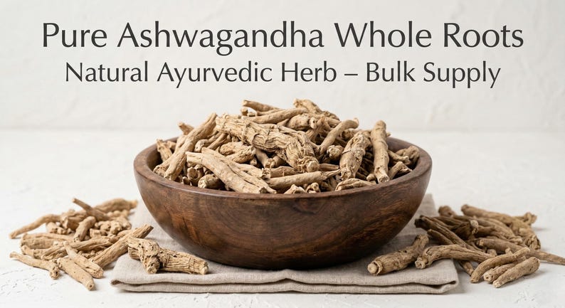 Premium ashwagandha whole roots in wooden bowl – natural withania somnifera roots for ayurvedic use and wellness