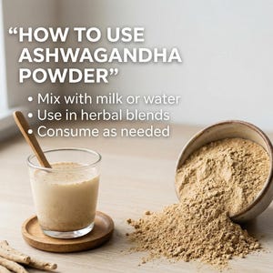 Ashwagandha powder with how to use concept – natural root powder for drinks, stress relief and health support