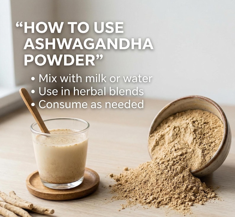 Ashwagandha powder with how to use concept – natural root powder for drinks, stress relief and health support