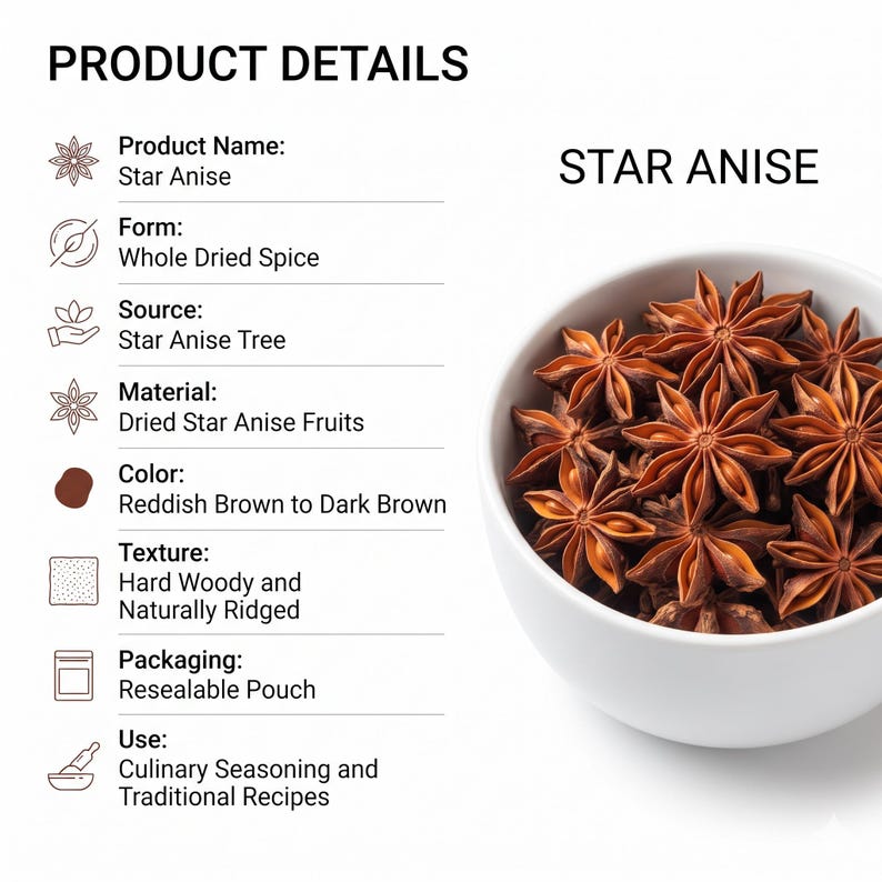 May include: A white bowl filled with whole dried star anise spice. The text reads PRODUCT DETAILS, Star Anise, Form: Whole Dried Spice, Source: Star Anise Tree, Material: Dried Star Anise Fruits, Color: Reddish Brown to Dark Brown, Texture: Hard Woody and Naturally Ridged, Packaging: Resealable Pouch, Use: Culinary Seasoning and Traditional Recipes.