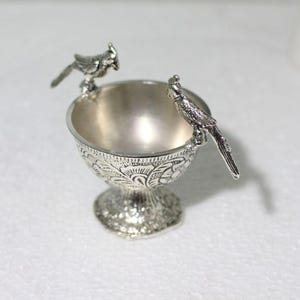 Ornate Silver Tone Bird Bowl, Traditional Indian Pedestal Decorative