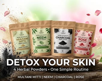 Kit de Desintoxicação Natural da Pele | Conjunto de Máscara Facial em Pó de Neem, Carvão e Rosa Multani Mitti