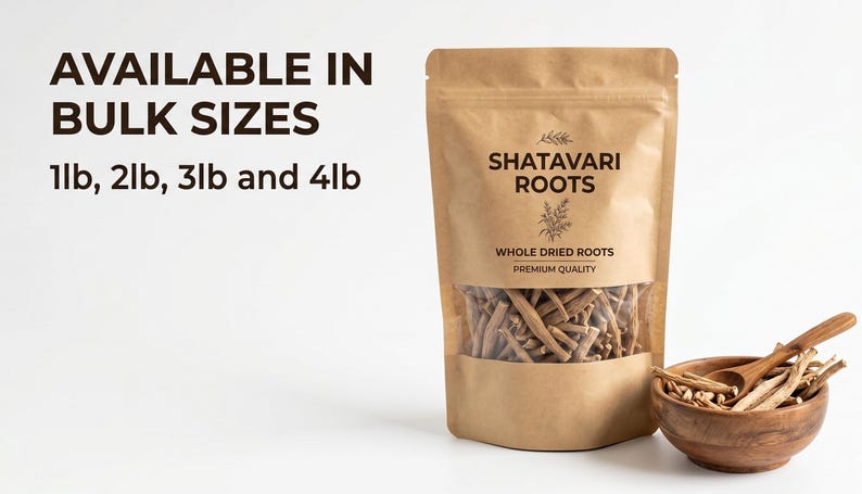 Shatavari roots packaging with size info – bulk shatavari roots available in multiple sizes for wholesale buyers