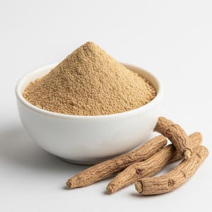 Pure ashwagandha powder heap in bowl with raw roots – chemical free ashwagandha root powder for ayurvedic use