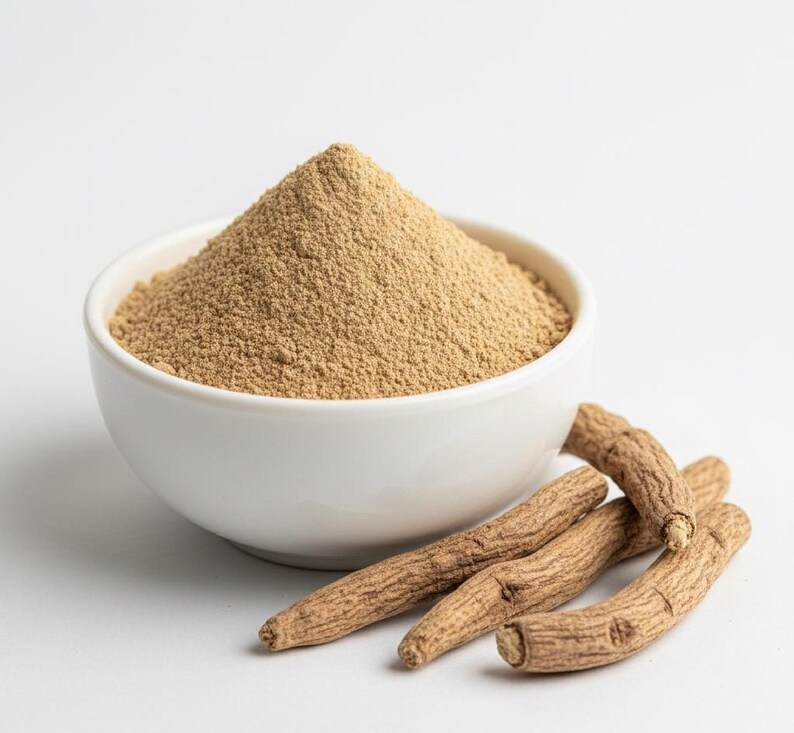 Pure ashwagandha powder heap in bowl with raw roots – chemical free ashwagandha root powder for ayurvedic use