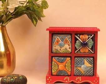 Wooden Ceramic Drawer Box, rajasthani art set, Hand Painted, 4 Drawer Storage