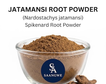 May include: A clear glass bowl filled with brown Jatamansi root powder, labeled with the text JATAMANSI ROOT POWDER (Nardostachys jatamansi) Spikenard Root Powder and a blue circular logo with the letters SA and the word SAANGWE.