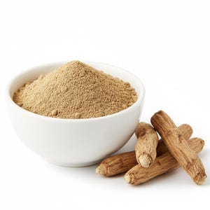 Fine ground ashwagandha powder in white bowl with roots – natural ashwagandha powder for immunity and wellness