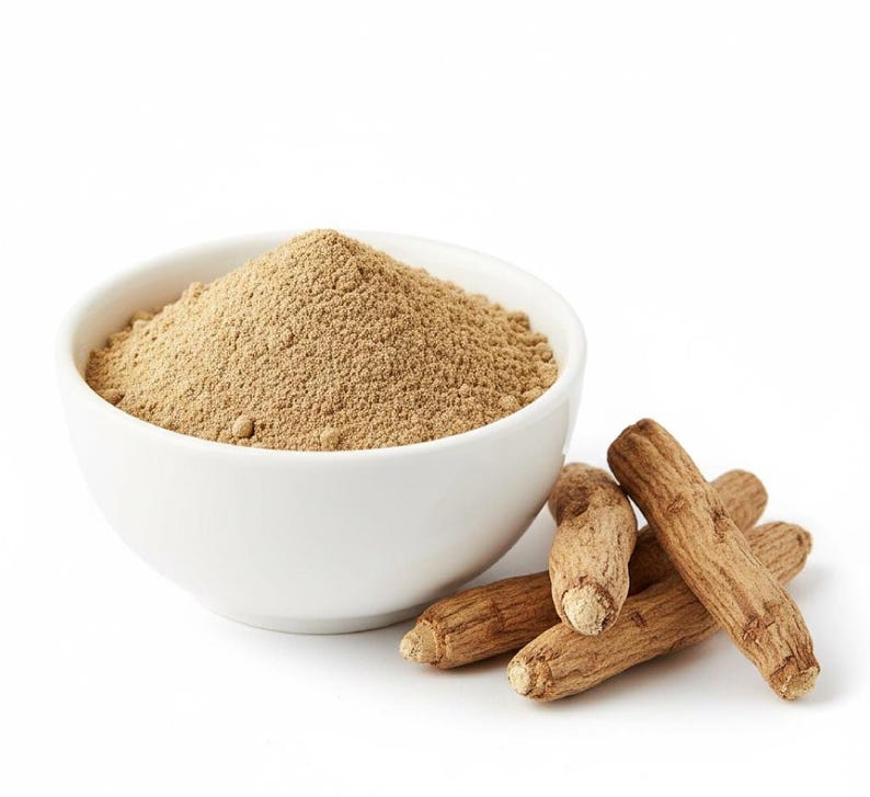 Fine ground ashwagandha powder in white bowl with roots – natural ashwagandha powder for immunity and wellness