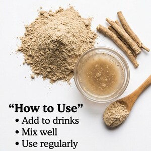 Ashwagandha powder with drink and spoon – natural herbal powder for energy, relaxation and wellness