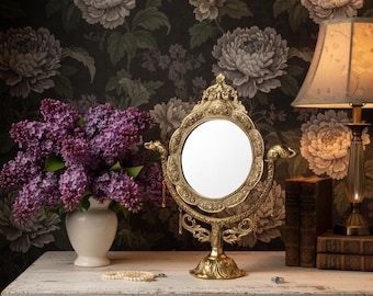 Antique Brass Vanity Mirror Tabletop • Brass-Tone Ornate Frame • Handcrafted Vintage Decor