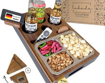 Lukada Couchbar Snackbar | XXL Snackschale & 4 Getränkehalter | Akazien Holz Sofatablett | Couch Organizer | Geschenke für Männer Frauen