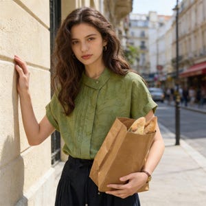 May include: A light green short-sleeved blouse with a textured floral pattern and pleated detailing. The blouse is paired with black bottoms. A brown paper bag holds several baguettes. The scene is set on a city street.